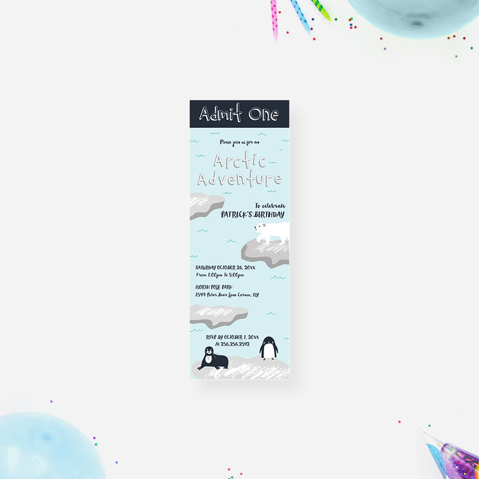 Arctic adventure birthday ticket invitation with penguins, seals, and polar bears on icebergs