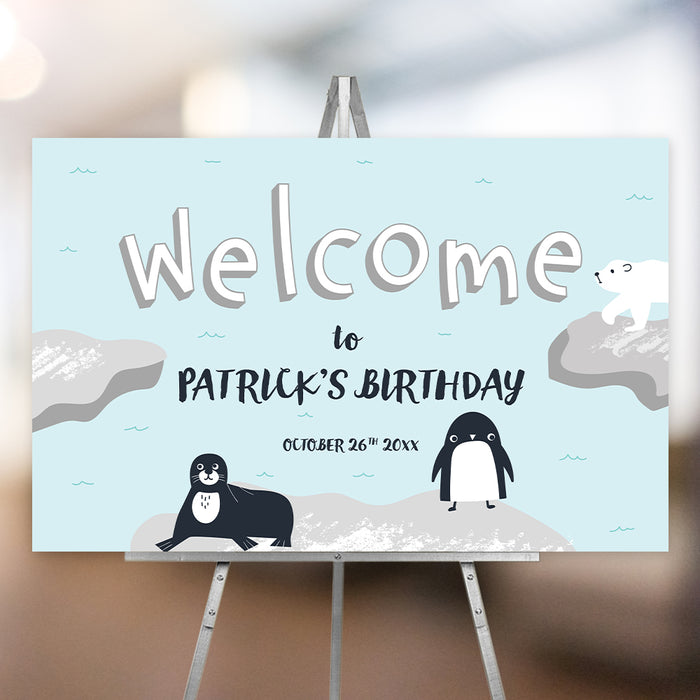 Birthday party welcome sign featuring an adorable polar bear, penguin, and seal on a soft blue winter background