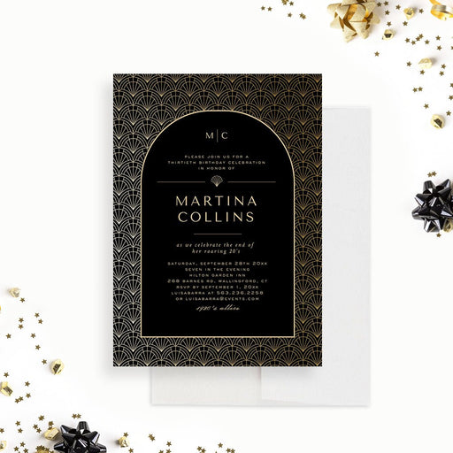 A black and gold invitation card with Art Deco design, featuring text and a decorative border.