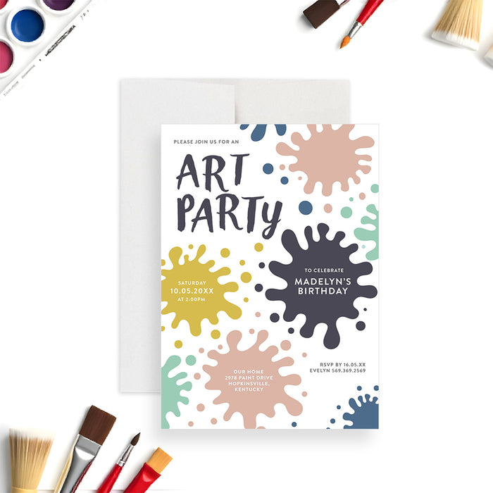 Colorful art party birthday invitation featuring a paint-splatter design and personalized details-front