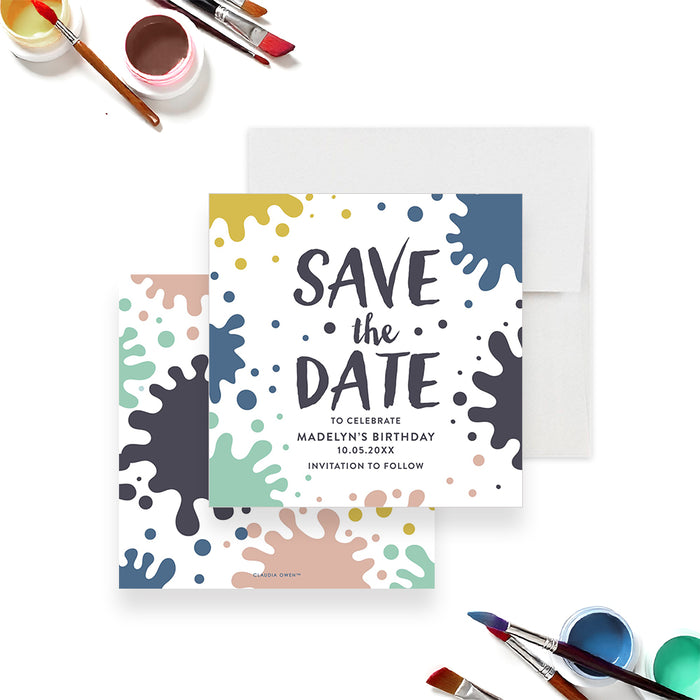 Art party save the date card with paint-splatter design and personalized birthday details-front-back