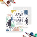 Art party save the date card with paint-splatter design and personalized birthday details-front-back