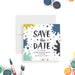Art party save the date card with paint-splatter design and personalized birthday details-front