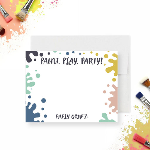 Personalized Paint Play Party art-themed note card with colorful paint splashes and a custom name.-front