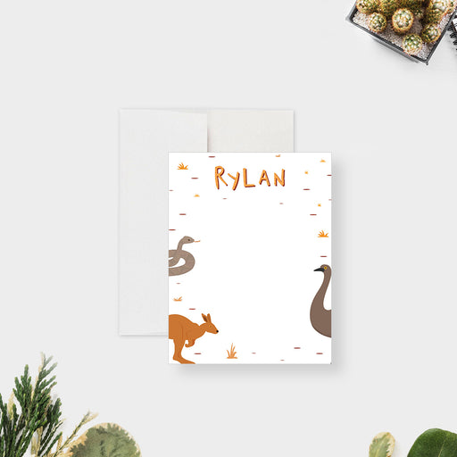 kids thank you card with kangaroo emu and desert theme for outback birthday party-front