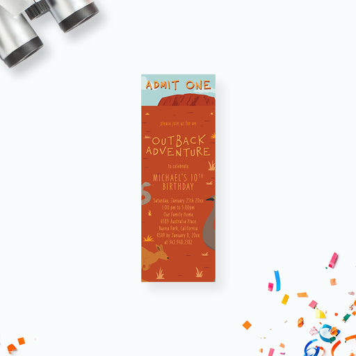 outback adventure ticket invitation with admit one design kangaroo emu and desert background