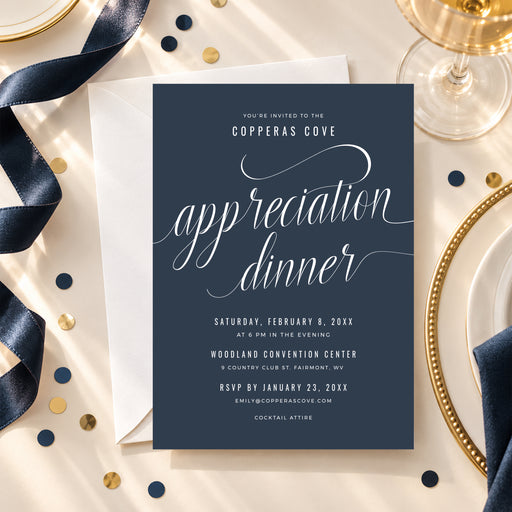 A navy blue corporate appreciation dinner invitation template featuring elegant white script lettering and customizable event details, styled with navy ribbon and gold accents.