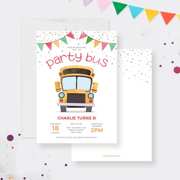 a yellow school bus birthday party card