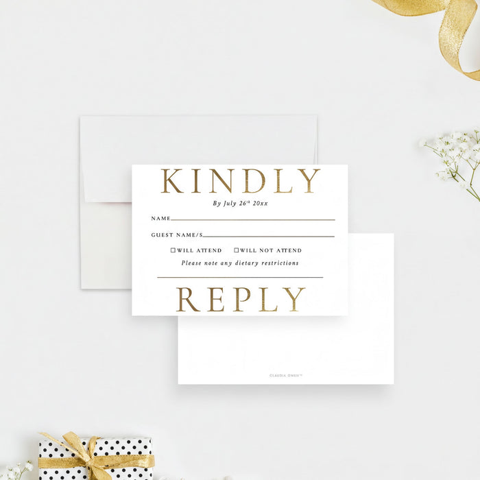two white response cards with gold lettering, placed on a white background.