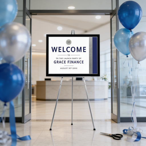 a welcome sign for the launch party of Grace Finance, with a backdrop of blue and silver balloons.