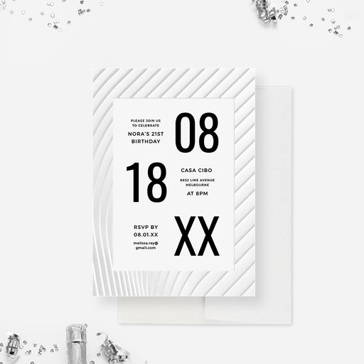a white and black birthday invitation card with large numbers on it