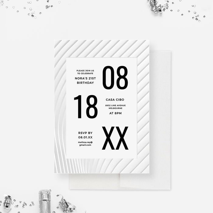 a white and black birthday invitation card with large numbers on it