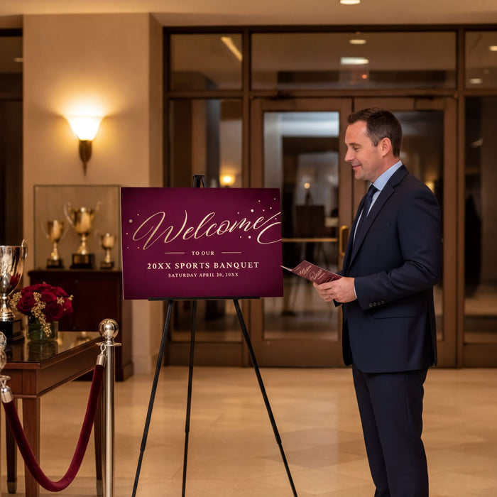 A man in a suit is standing in front of a large purple sign that reads "Welcome to our 20XX SPORTS BANQUET SATURDAY".