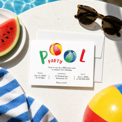 a pool party invitation with a beach theme, including a watermelon slice, sunglasses, and a beach towel.