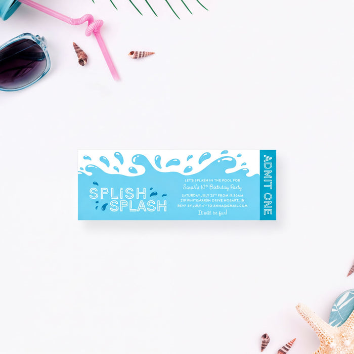 a blue and white invitation card with the text "SPLISH SPLASH" and "Let's splash in the pool for Sarah's 10th birthday party" printed on it. The card is surrounded by various beach-themed items such as sunglasses, a straw, and seashells.