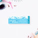 a blue and white invitation card with the text "SPLISH SPLASH" and "Let's splash in the pool for Sarah's 10th birthday party" printed on it. The card is surrounded by various beach-themed items such as sunglasses, a straw, and seashells.