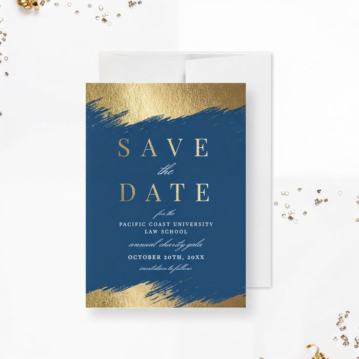 The image is a Save the Date card for the Pacific Coast University Law School, featuring a blue background with gold brushstrokes and the text "Save the Date" prominently displayed.