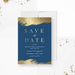 The image is a Save the Date card for the Pacific Coast University Law School, featuring a blue background with gold brushstrokes and the text "Save the Date" prominently displayed.