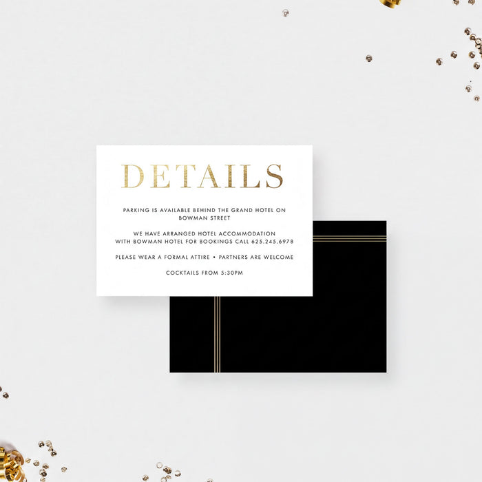 a white card with black text and gold lettering, placed on a white background with scattered gold confetti around it.