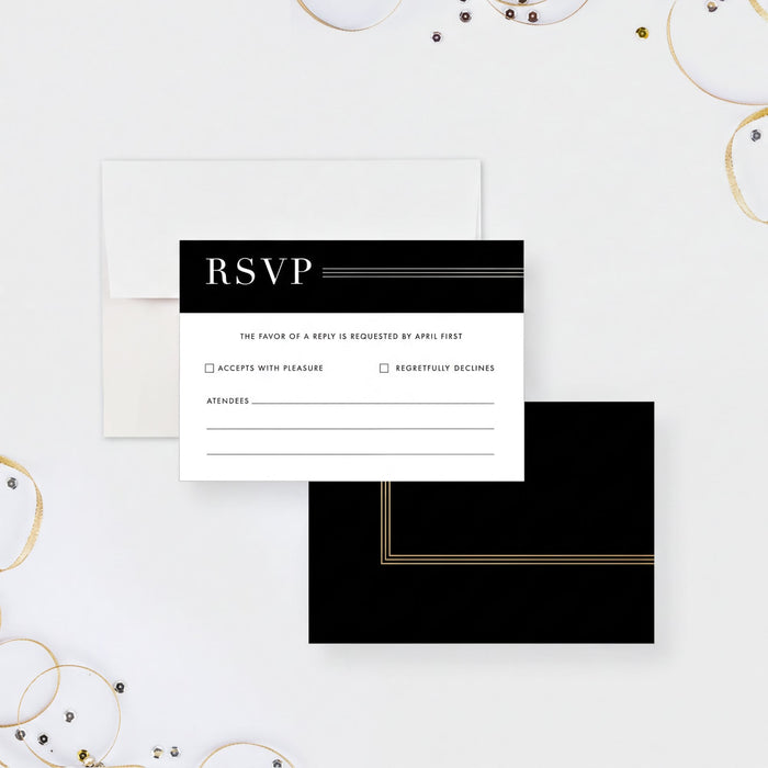 a black and white RSVP card with a gold stripe, placed on a white background.