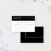 a black and white RSVP card with a gold stripe, placed on a white background.
