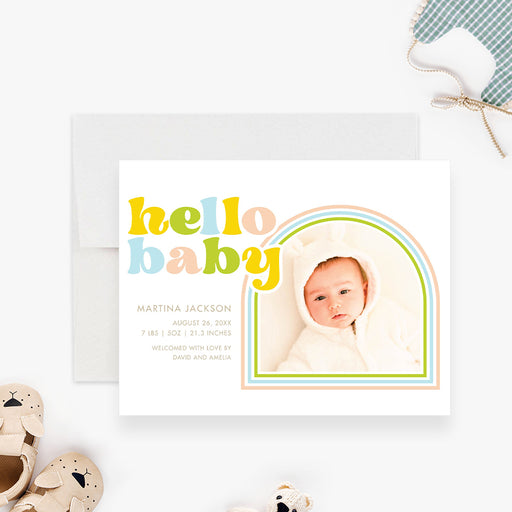 Hello baby photo birth announcement card with rainbow arch design and baby picture-front