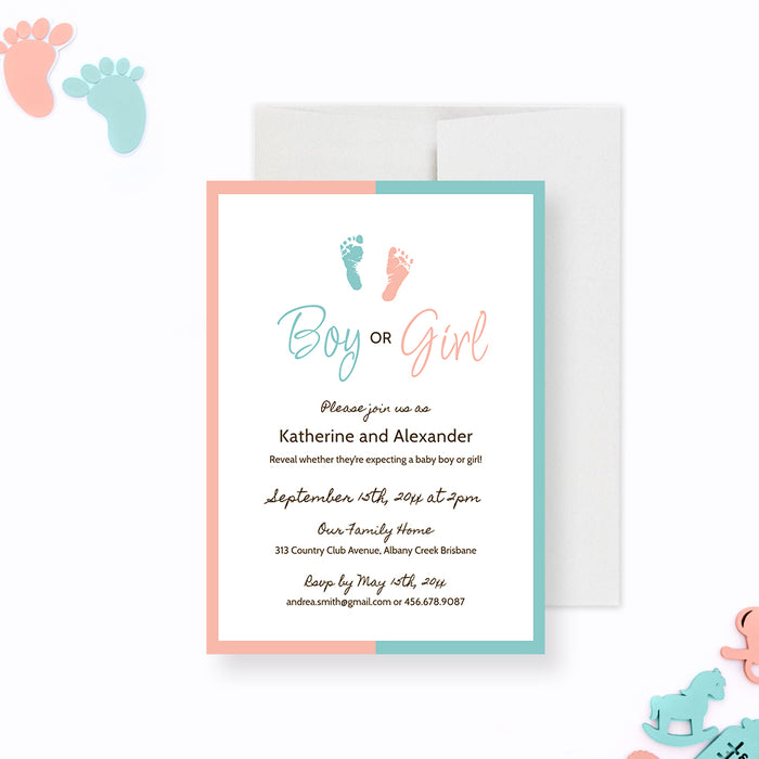editable baby reveal invitation template with pink and blue border, boy or girl lettering, baby footprints, and party details
