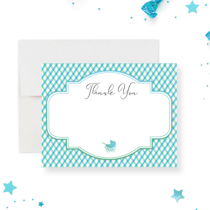 Baby shower thank you card with green blue gingham pattern and baby stroller icon-front