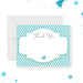 Baby shower thank you card with green blue gingham pattern and baby stroller icon-front