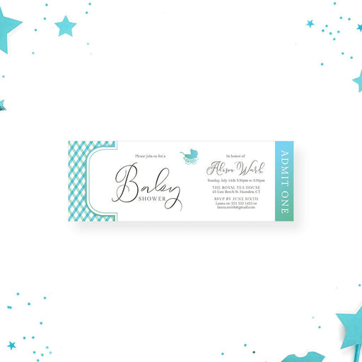 Baby shower ticket invitation with green blue gingham pattern and admit one layout
