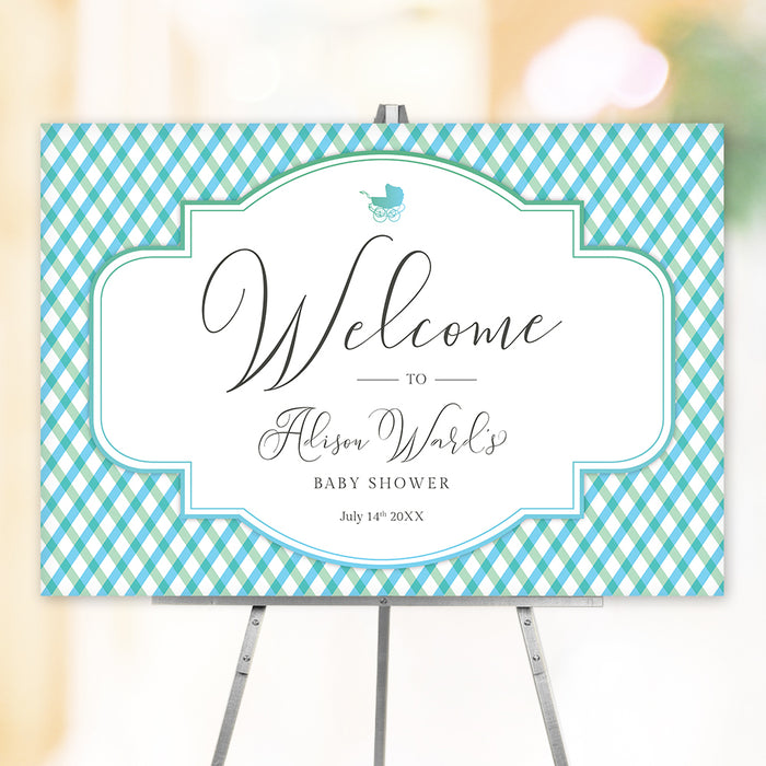 Baby shower welcome sign with green blue gingham pattern and baby stroller illustration