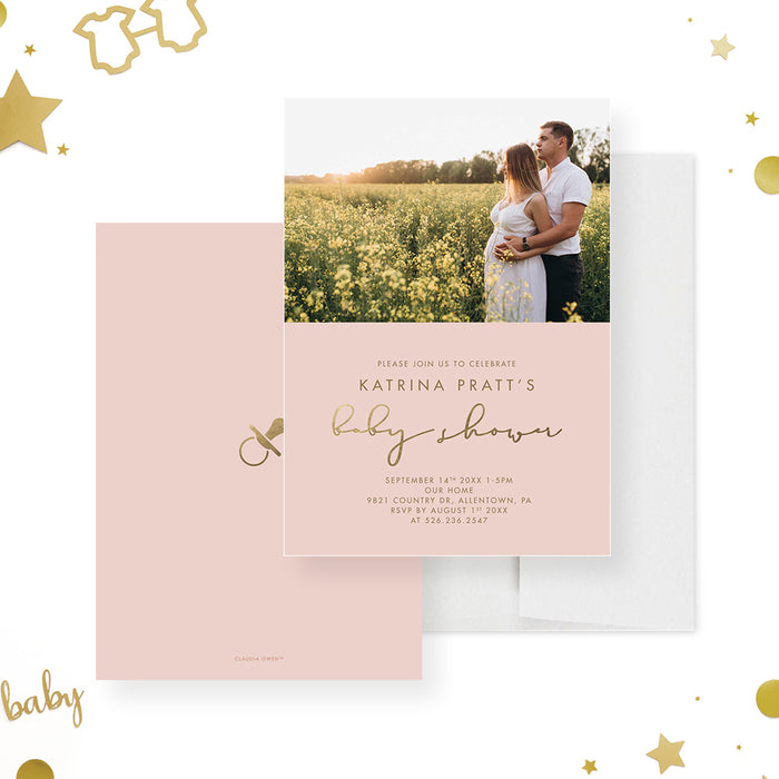 Personalized Baby Shower Invitations with Maternity Photo, Baby Shower Invitations with Pregnancy Photo in Pink and Gold