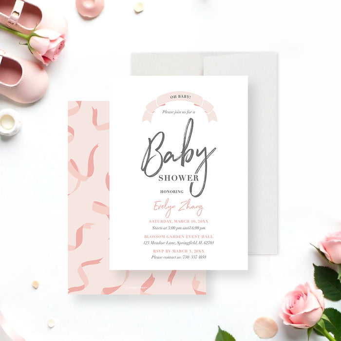 Blush pink personalized baby shower invitation with ribbon banner design, customizable for girl, boy, or gender-neutral celebrations.-front-back