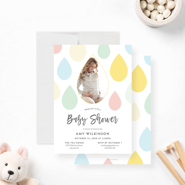Baby shower invitation with a photo of pregnant woman and colorful raindrops for a mom-to-be celebration.-front-back