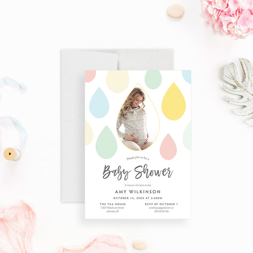 Baby shower invitation with a photo of pregnant woman and colorful raindrops for a mom-to-be celebration.-front