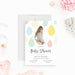 Baby shower invitation with a photo of pregnant woman and colorful raindrops for a mom-to-be celebration.-front