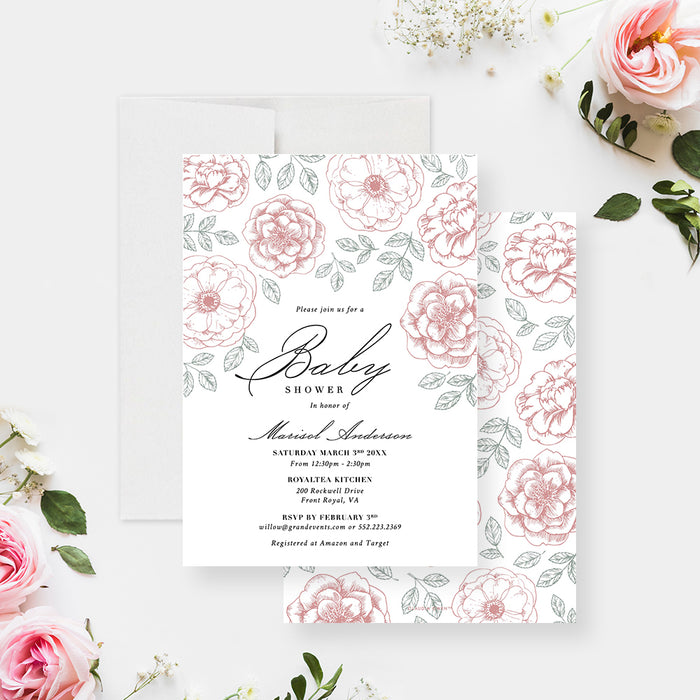 Baby shower invitation featuring a pink flower illustrations-front-back