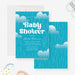 Blue baby shower invitation featuring white fluffy clouds and falling raindrops-front-back