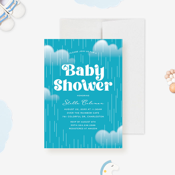 Blue baby shower invitation featuring white fluffy clouds and falling raindrops-front