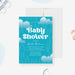 Blue baby shower invitation featuring white fluffy clouds and falling raindrops-front