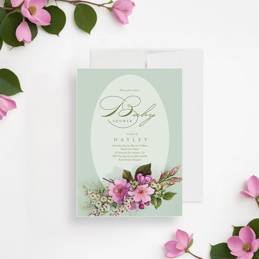Elegant floral baby shower invitation card with a sage green background and vintage-inspired flowers, customizable with event details.-front