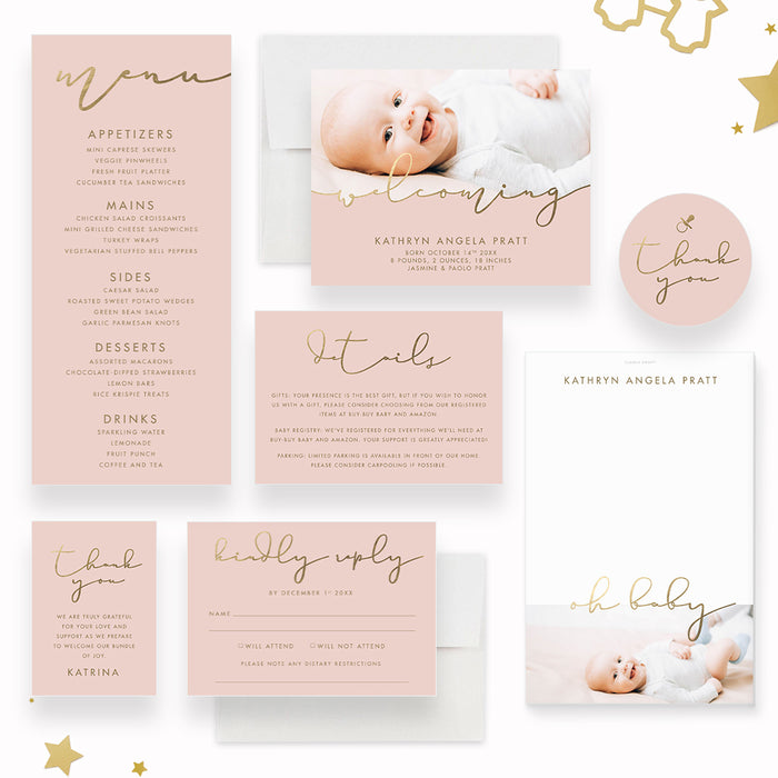 Personalized Baby Shower Invitations with Maternity Photo, Baby Shower Invitations with Pregnancy Photo in Pink and Gold