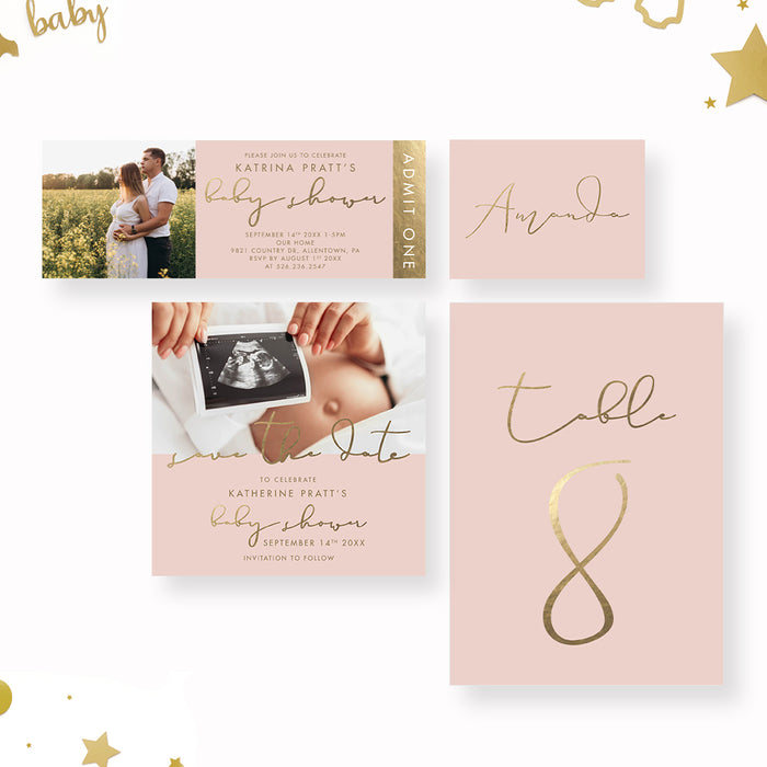 Personalized Baby Shower Invitations with Maternity Photo, Baby Shower Invitations with Pregnancy Photo in Pink and Gold