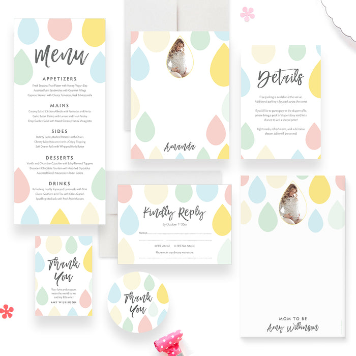 Colorful Raindrop Baby Shower Invitation with Photo