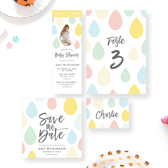 Colorful Raindrop Baby Shower Invitation with Photo