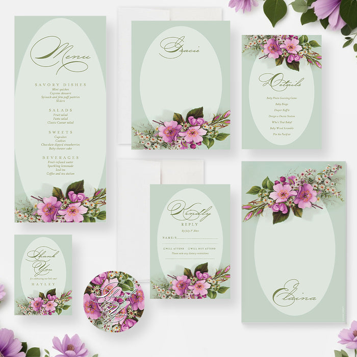 Floral Baby Shower Invitation Green and Pink Spring Design