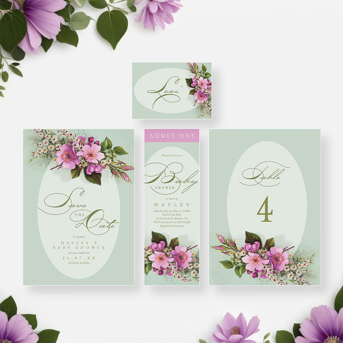 Floral Baby Shower Invitation Green and Pink Spring Design