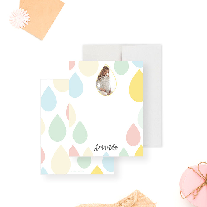 Baby shower note card featuring colorful raindrops and a custom photo, perfect as a personalized thank you gift for mom-to-be celebrations.-front-back