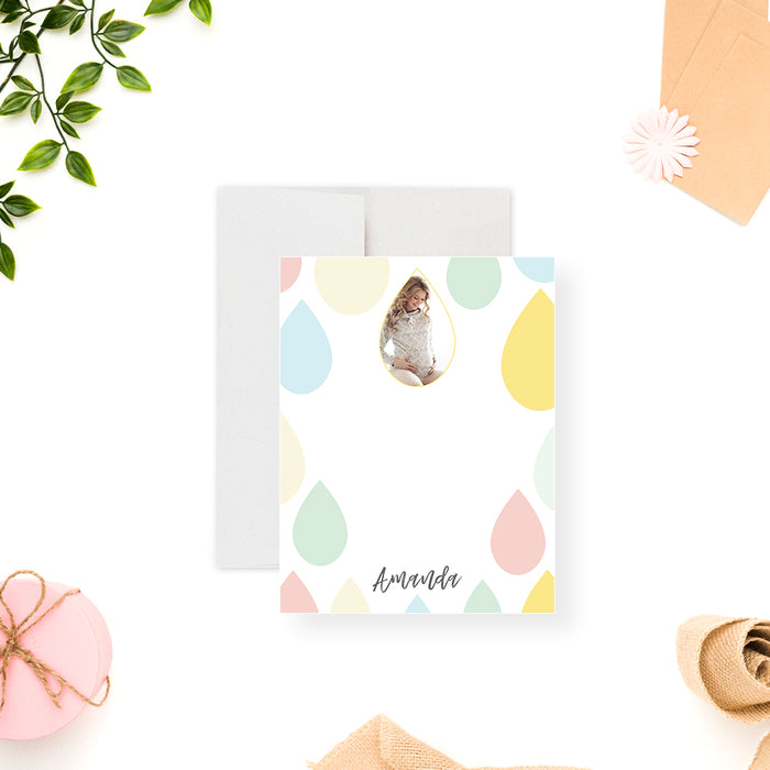 Baby shower note card featuring colorful raindrops and a custom photo, perfect as a personalized thank you gift for mom-to-be celebrations.-front
