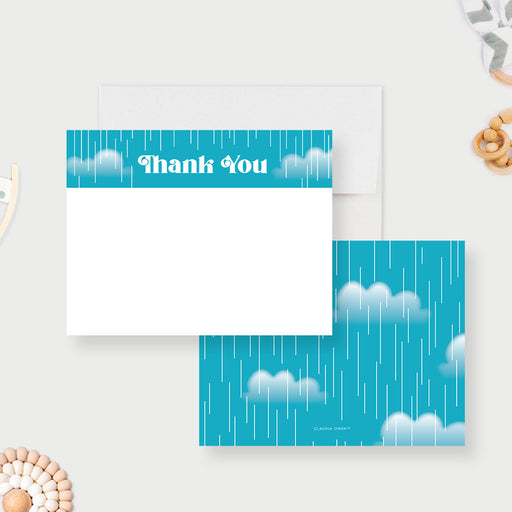 Personalized baby shower thank you card with white fluffy clouds and falling raindrops-front-back